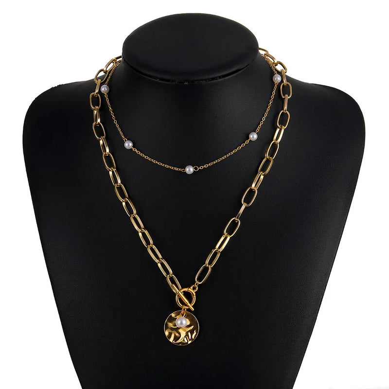 Bohemian Multilayer Chain Necklace Pearl Coin Geometric Jewelry