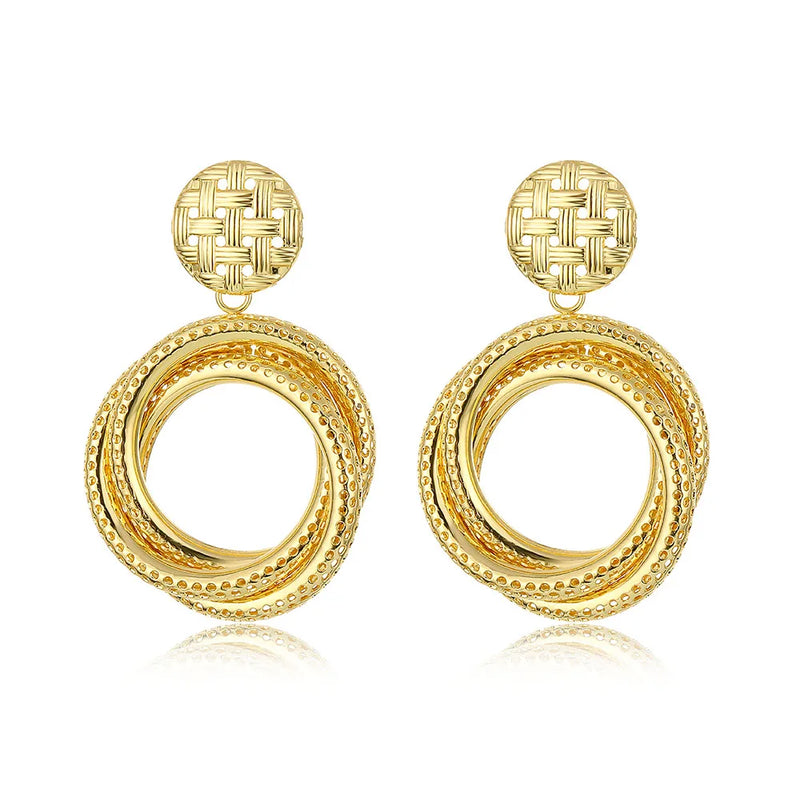 Vintage Alloy Round Drop Earrings Statement Golden Circle Dangle Jewelry