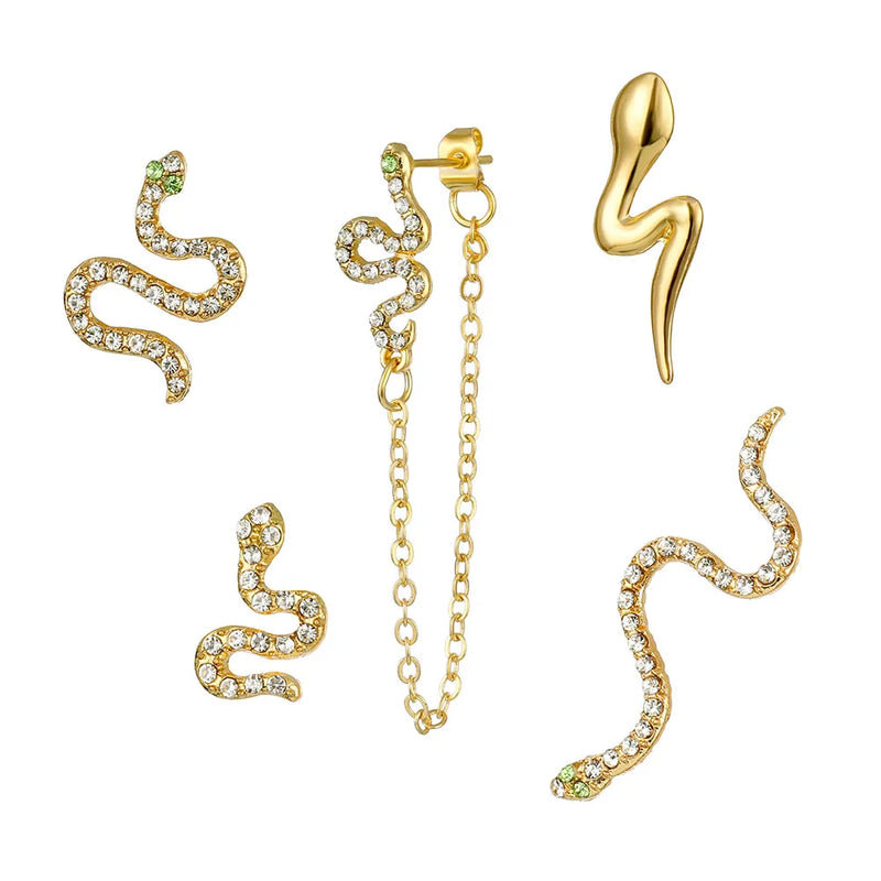 Vintage Snake Crystal Tassel Chain Earrings Set Punk Geometry Crystal Stud Earri
