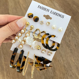 Vintage Leopard Acrylic Pearl Drop Earrings Set