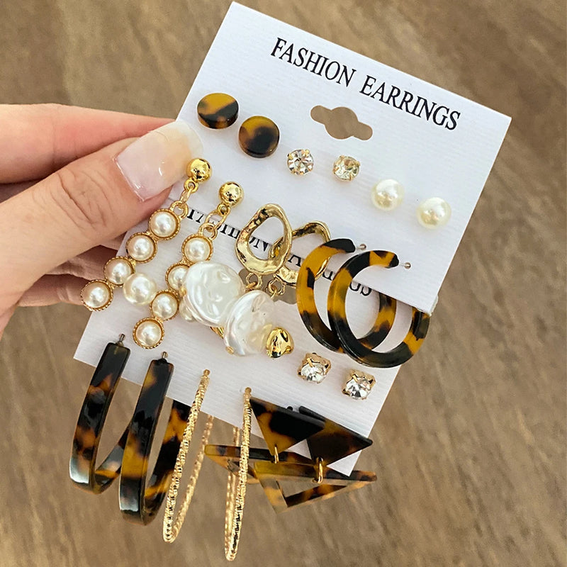Vintage Leopard Acrylic Pearl Drop Earrings Set