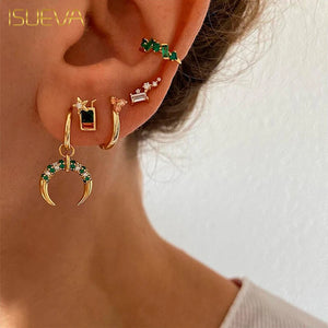 Green Zircon Crescent Moon Hoop Drop Earrings