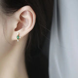 Emerald Retro Earrings Zircon Cross S925 Sterling Silver Female Jewelry