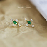 Emerald Retro Earrings Zircon Cross S925 Sterling Silver Female Jewelry