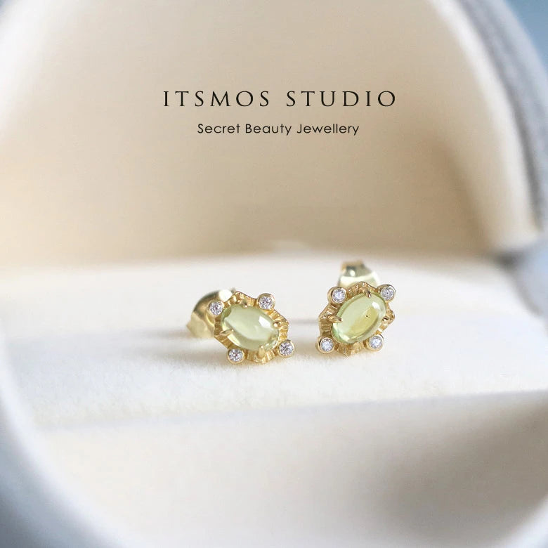 French Retro S925 Silver Gold Earrings Mini Green Diamond Piercing