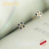 Sapphire Stud Earrings 925 Sterling Silver 14k Gold Pav