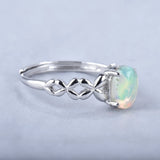 Fire Opal Flower Rings Silver Plated Oval Gem Stone Band Dainty Jewelry Gift