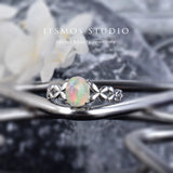 Fire Opal Flower Rings Silver Plated Oval Gem Stone Band Dainty Jewelry Gift