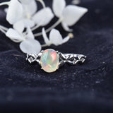 Fire Opal Flower Rings Silver Plated Oval Gem Stone Band Dainty Jewelry Gift
