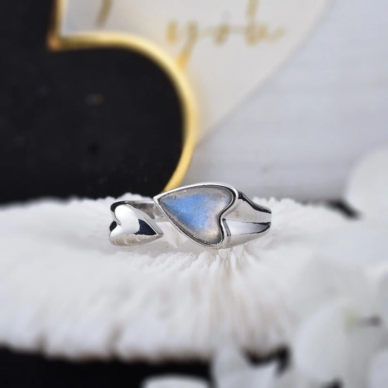 Labradorite Double Heart Amethyst Rose Quartz Band Vintage Rings