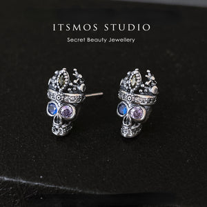 S925 Silver King Crown Skull Zircon Earrings Retro Studs Halloween Gift