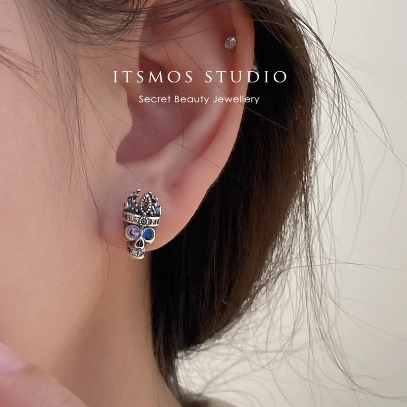 S925 Silver King Crown Skull Zircon Earrings Retro Studs Halloween Gift