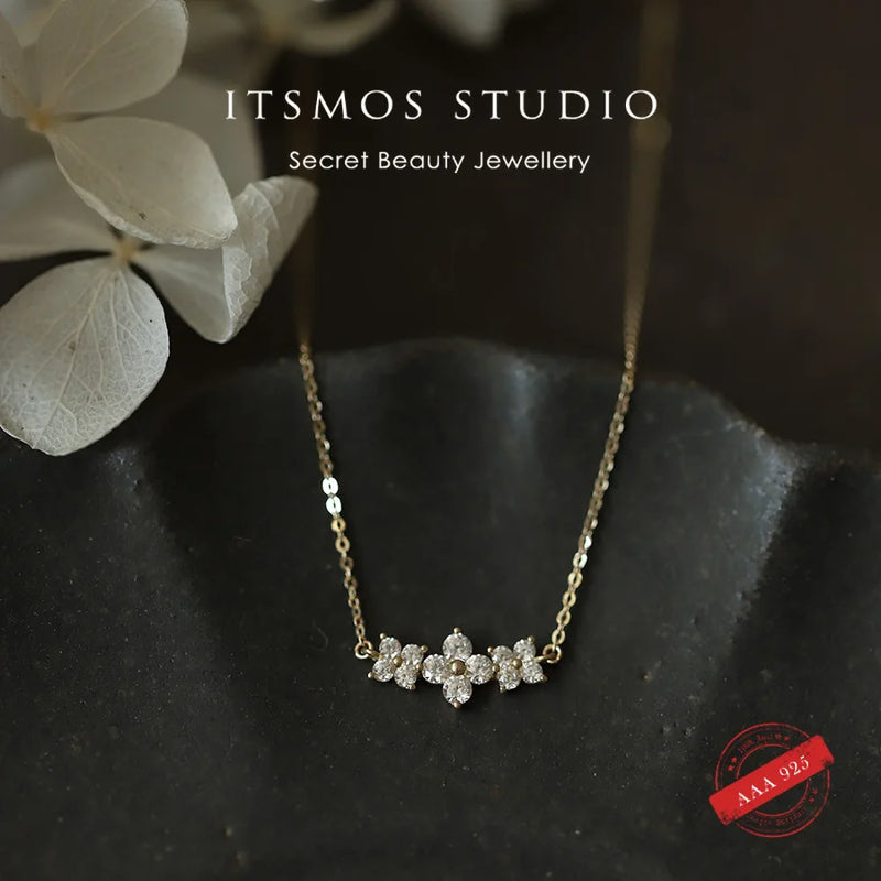 S925 9K Plated Flowers Pendant Necklace with Diamonds