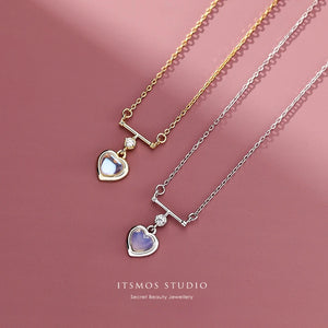 S925 Sterling Silver Loving Heart Necklace Moonstone Opal Chain Necklace