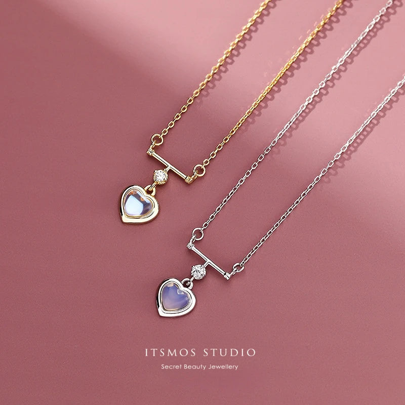 S925 Sterling Silver Loving Heart Necklace Moonstone Opal Chain Necklace
