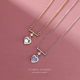 S925 Sterling Silver Loving Heart Necklace Moonstone Opal Chain Necklace