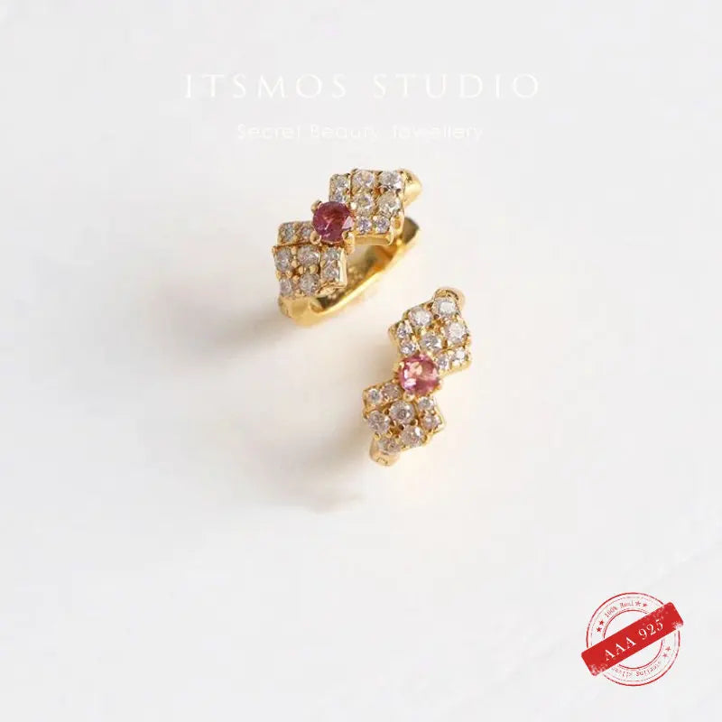 Gold-Plated Bowknot Hoop Earrings Red Diamond CZ Huggie Earrings