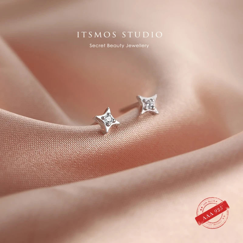 925 Silver Star Zircon Earrings Small Piercing Earrings for Women