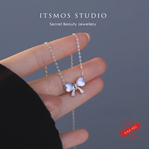 S925 Sterling Silver Love Bowknot Rainbow Crystal Choker Necklace