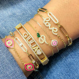 Personalized Name Bangle Pave 5A Cz Letters Heart Evil Eyes Charm Bracelet