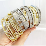 Personalized Name Bangle Pave 5A Cz Letters Heart Evil Eyes Charm Bracelet