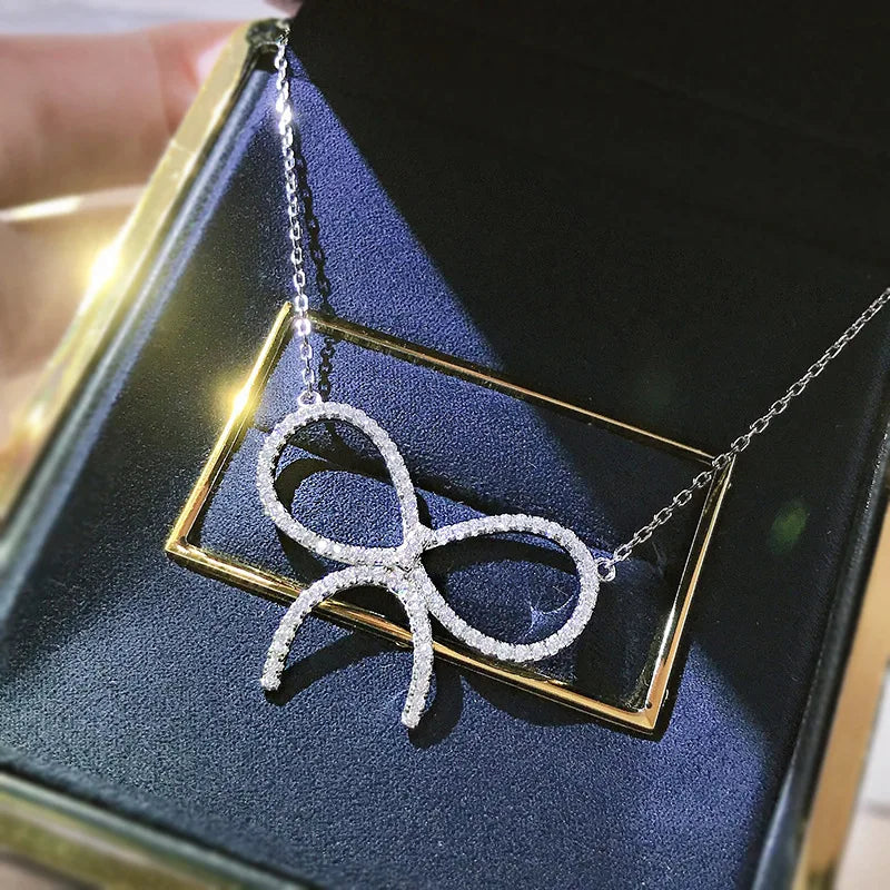 S925 Silver Bow Necklace with Full Diamond - Elegant Necklace for Women