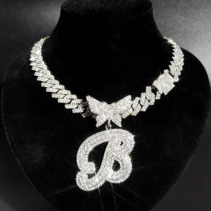 Butterfly Letter Pendant Necklace Rhinestone Cuban Chain Punk Jewelry