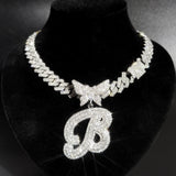 Butterfly Letter Pendant Necklace Rhinestone Cuban Chain Punk Jewelry