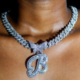 Butterfly Letter Pendant Necklace Rhinestone Cuban Chain Punk Jewelry