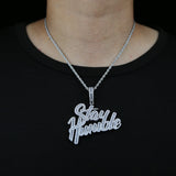 CZ Zircon Cursive Stay Humble Necklace Silver Men Hiphop Jewelry