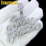 CZ Zircon Cursive Stay Humble Necklace Silver Men Hiphop Jewelry