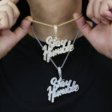 CZ Zircon Cursive Stay Humble Necklace Silver Men Hiphop Jewelry