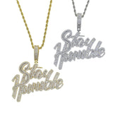 CZ Zircon Cursive Stay Humble Necklace Silver Men Hiphop Jewelry