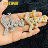 Iced Out Bling CZ Letter F You Pendant Necklace Silver Hip-hop Jewelry