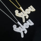 Iced Out Bling CZ Letter F You Pendant Necklace Silver Hip-hop Jewelry