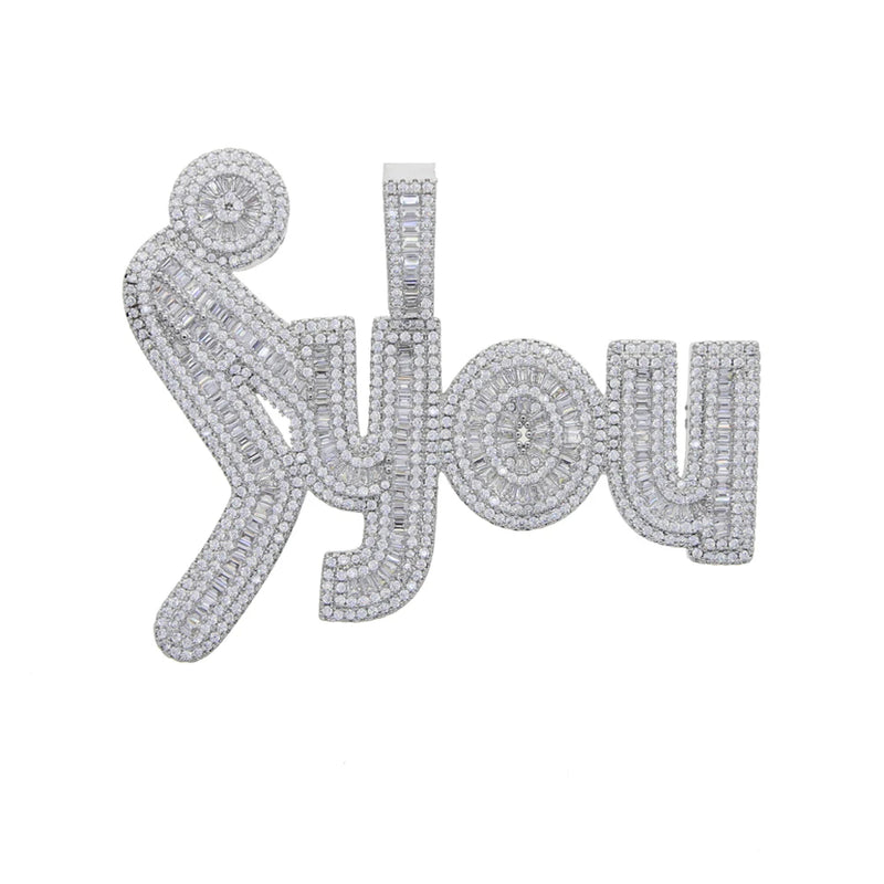 Iced Out Bling CZ Letter F You Pendant Necklace Silver Hip-hop Jewelry