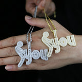 Iced Out Bling CZ Letter F You Pendant Necklace Silver Hip-hop Jewelry