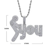 Iced Out Bling CZ Letter F You Pendant Necklace Silver Hip-hop Jewelry