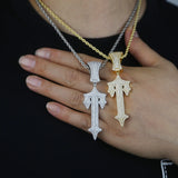 Iced Out Bling Hip Hop Men CZ Cross Sword Pendant Necklace