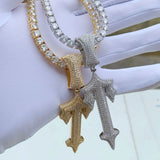 Iced Out Bling Hip Hop Men CZ Cross Sword Pendant Necklace
