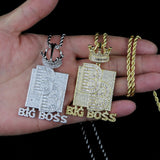 Iced Out Big Boss Pendant Necklace Silver Zircon Crown Hip Hop Jewelry