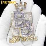 Iced Out Big Boss Pendant Necklace Silver Zircon Crown Hip Hop Jewelry