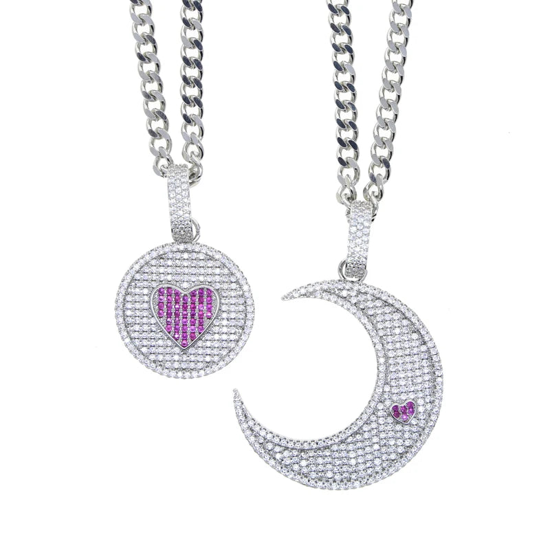Iced Out Bling Moon Sun Pendant Necklace Silver Cubic Zircon Heart Charm