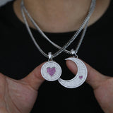 Iced Out Bling Moon Sun Pendant Necklace Silver Cubic Zircon Heart Charm