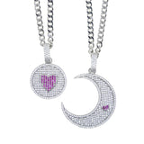 Iced Out Bling Moon Sun Pendant Necklace Silver Cubic Zircon Heart Charm