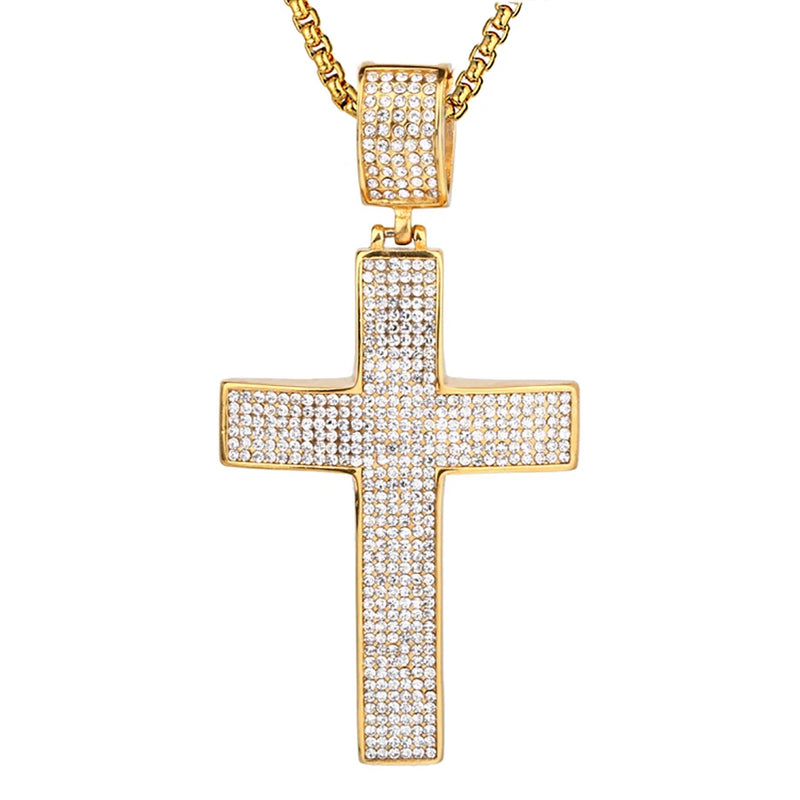 Bling CZ Cross Pendant Necklace Stainless Steel Men's Hip Hop Jewelry