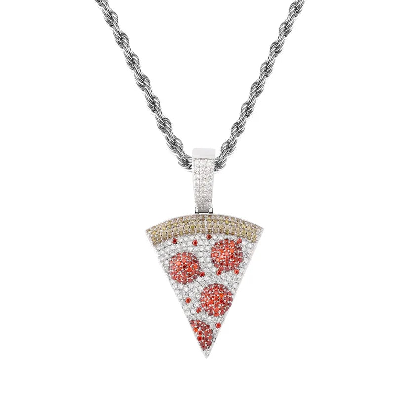 Iced Out Pizza Pendant Necklace 18k Plated Zirconia Chain Necklace