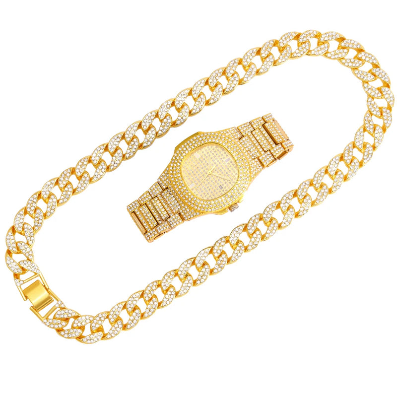 Iced Out Cuban Necklace Men Chain Hip Hop Jewelry Watch Choker