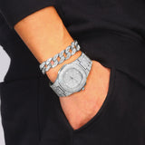 Iced Out Cuban Necklace Men Chain Hip Hop Jewelry Watch Choker