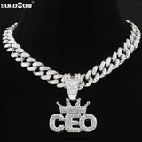 Iced Out Rhinestone Crown CEO Letter Pendant Necklace
